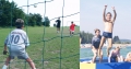 Collage mit Fußball und Wassertrampolin